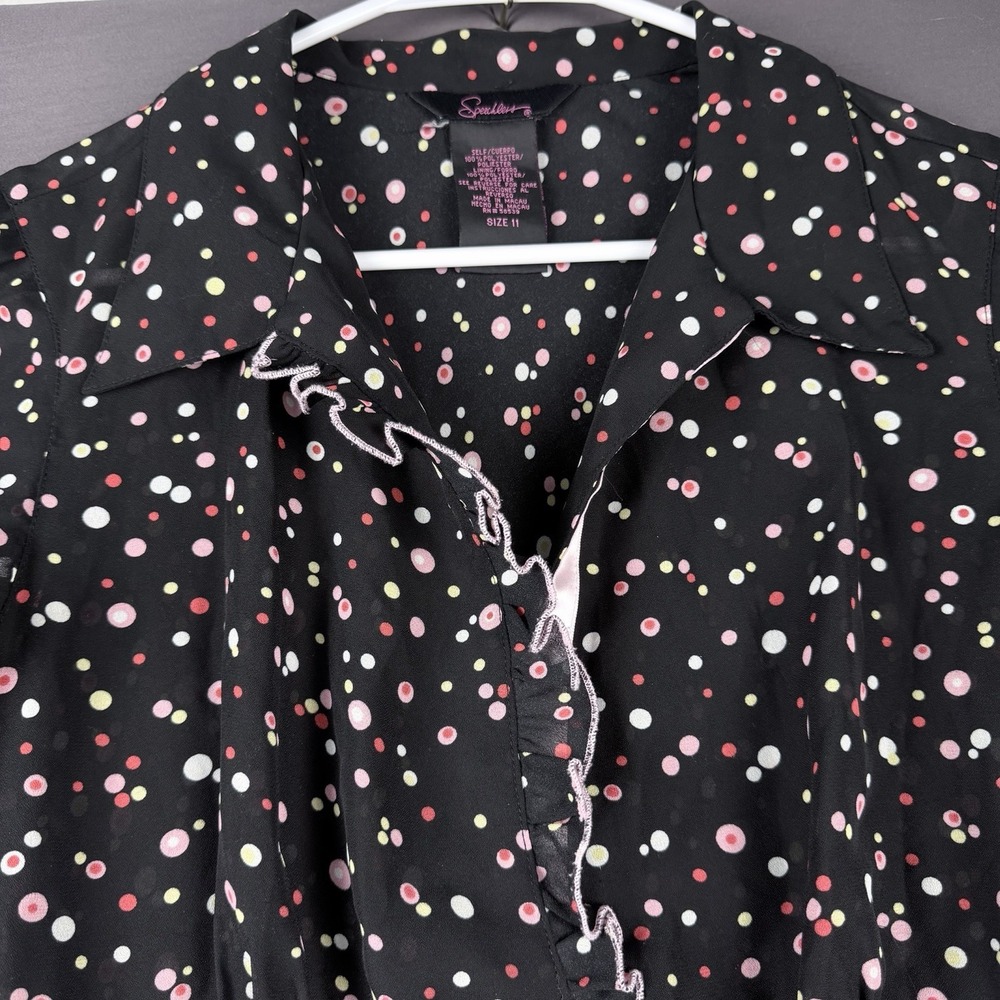 Speechless 11 A-Line Dress Black Polka Dot Ruffle Flutter Sleeve Collared - Picture 9 of 13